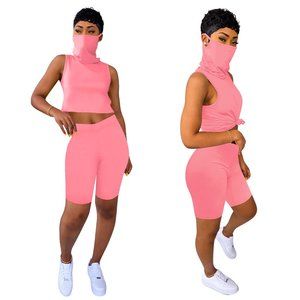 K018 Pink Cropped Top Ear Loop High Waist Capri